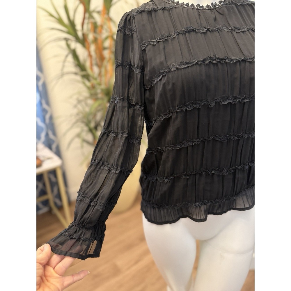 Elegant Black Chiffon Ruffle Top Blouse S/4/6 Career Cocktail Classy Old Money - Picture 3 of 14
